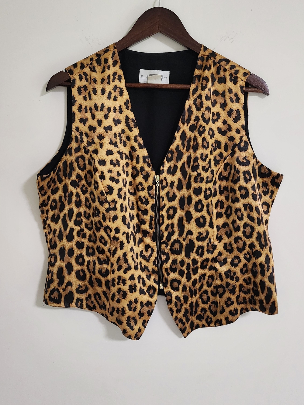 Vtg. 90's E.K. Designs Women's Satin Leopard Print Zip-Front Vest Large Office